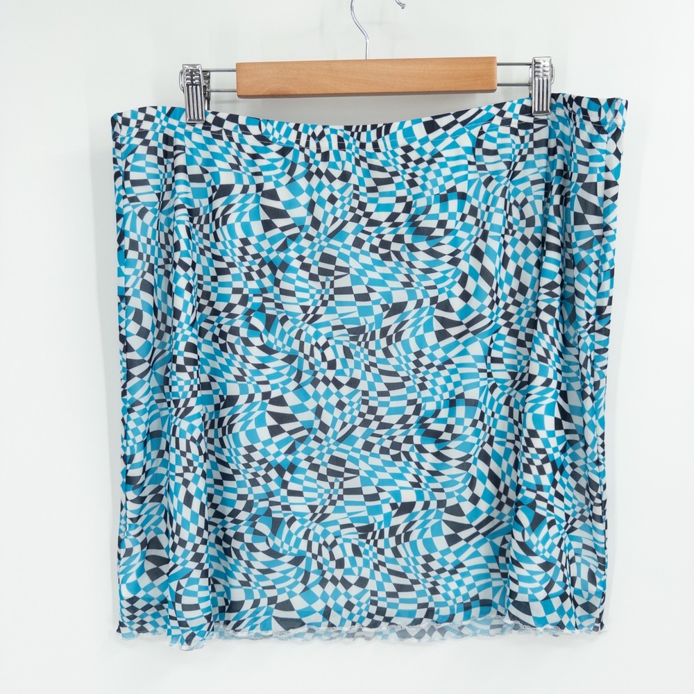 Wray Ana Skirt Women 2XL Blue Piscine Check Mesh Stretch Psychedelic Mod Indie